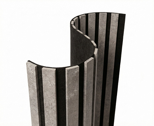 картинка Акустическая гибкая панель №1 БЕТОН черный войлок <1200*600*9> рейки МДФ 25*6 ARTIVA от магазина