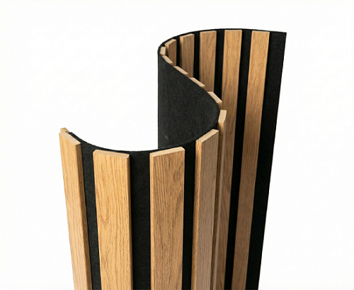 картинка Акустическая гибкая панель №1 ДУБ ЗОЛОТОЙ черный войлок <1200*600*9> рейки МДФ 25*6 ARTIVA от магазина